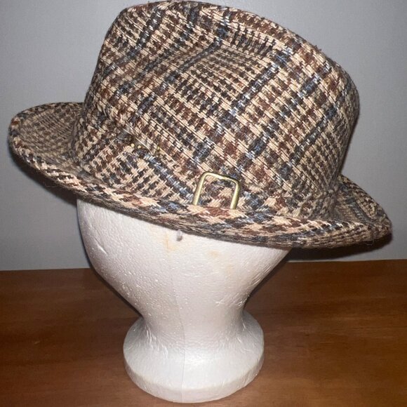 Vintage Plaid Fedora Hat Feather 7 1/4 Brown Tweed Gold Buckle - Picture 3 of 6